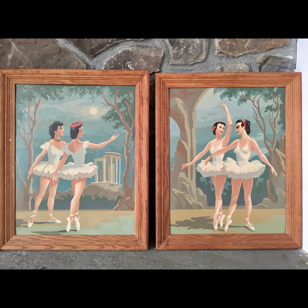 Vintage Mid-Century Paint by Number Ballerinas Ballet Large Framed 19”x23”